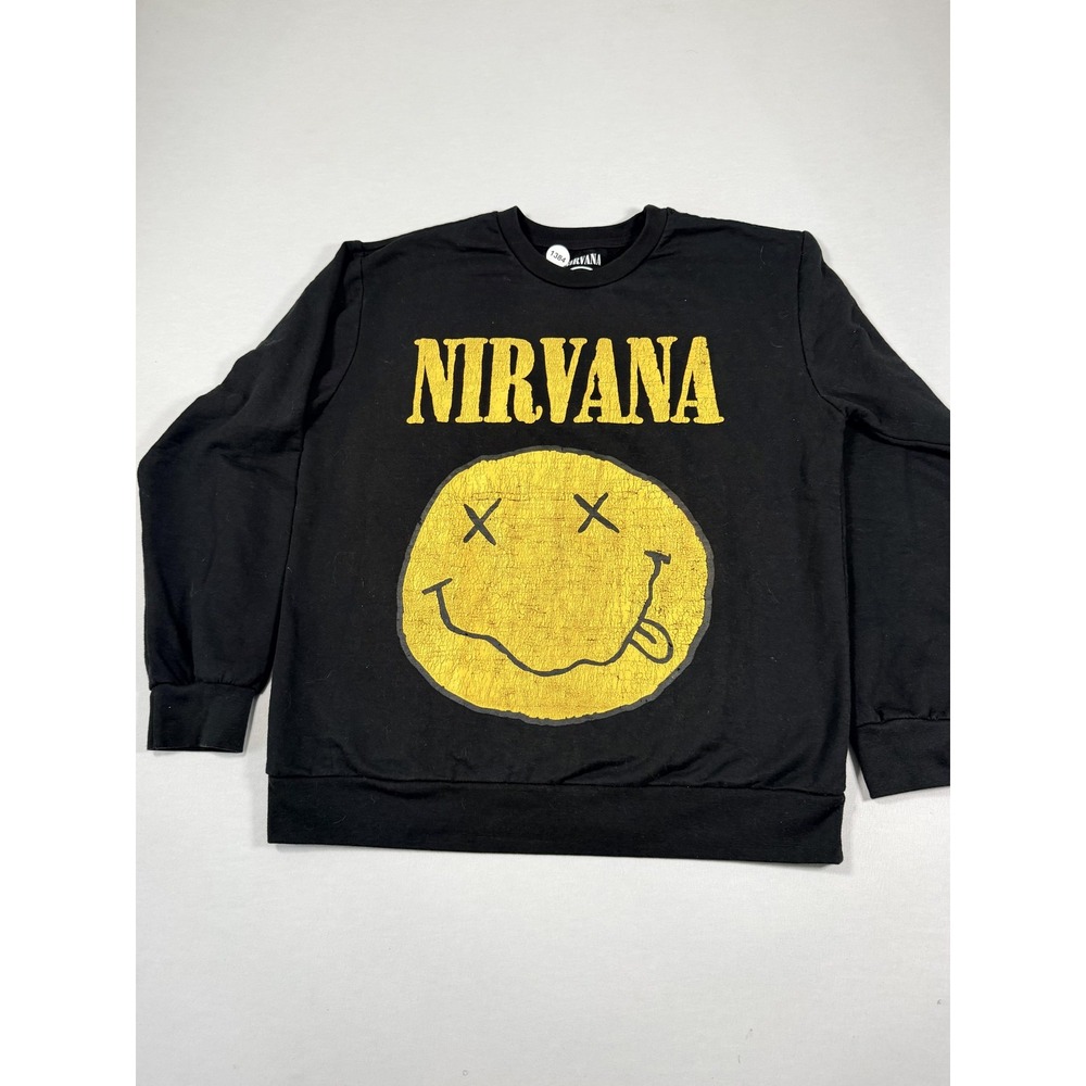 Nirvana Sweatshirt Mens Medium Black Fleece Crewneck Smiley Face Logo